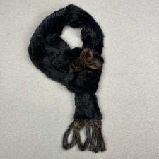 Vtg Genuine Mink Fur Scarf Black Pull Through Tassles Brown Rosette Flower