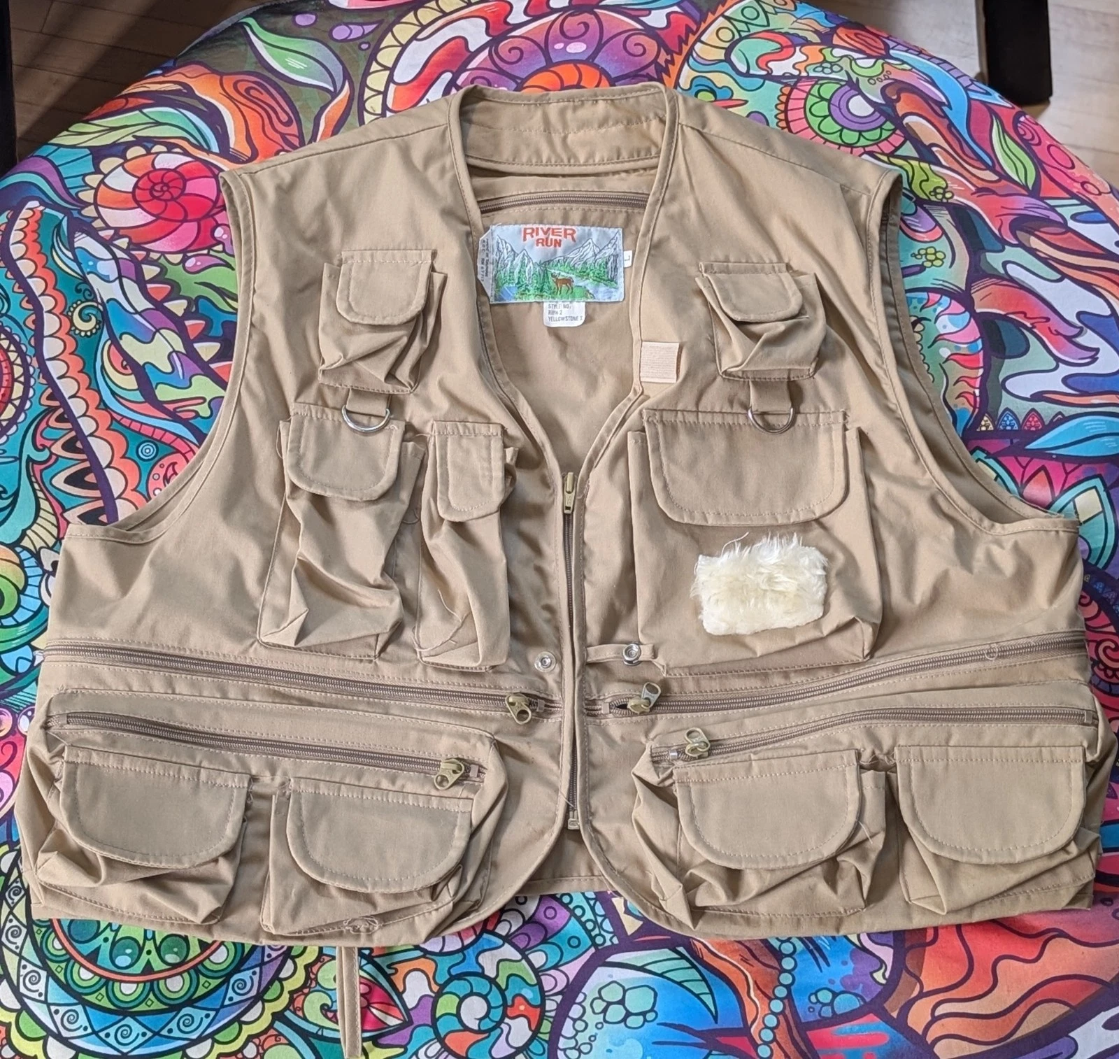River Run Vintage Multi-Pocket Utility Vest in Khaki Size Large Full Zip Pockets