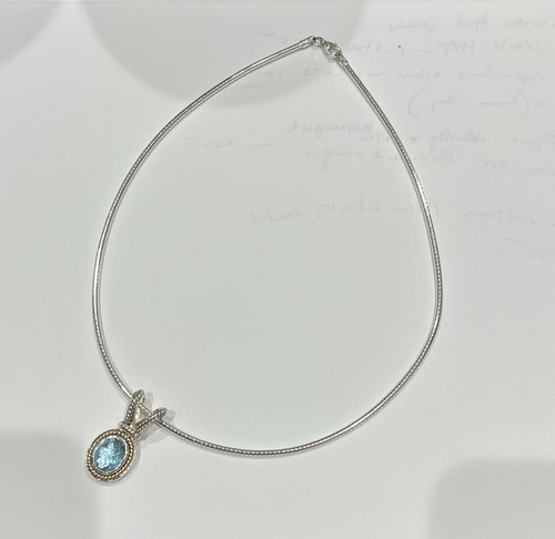 Blue Topaz Sterling, And 18 Karat Yellow Gold Round Omega Necklace With Pendant