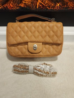 Brown QUILTED Vegan Leather Purse SMALL w/ Shoulder Chain Link Strap