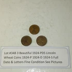 Lot #348 3 Beautiful 1924 Lincoln Wheats 1924-P 1924-D 1924-S Fine See Pictures