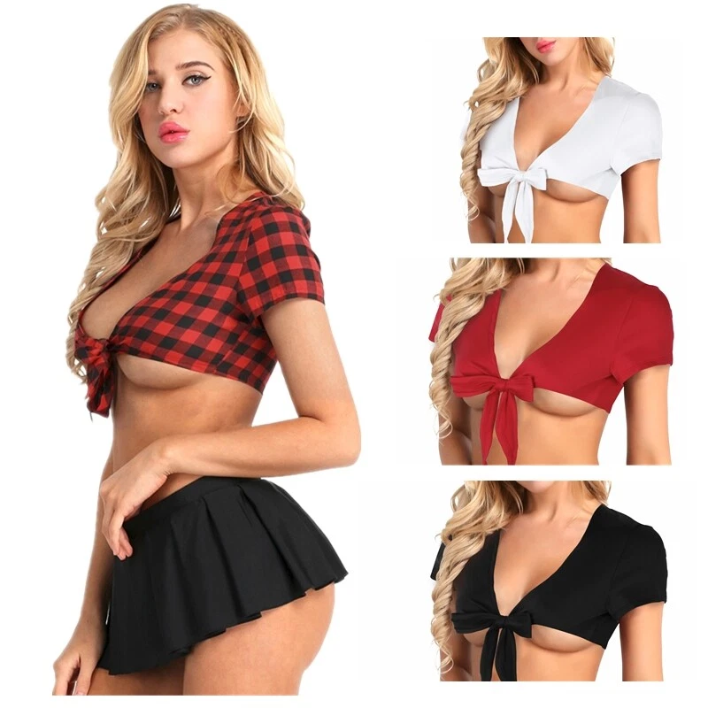 Sexy Women School Girl Crop Top Open Front Shirt Top Blouse Deep V