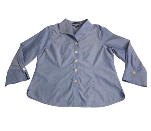 Foxcroft Top Womens 12 Blue Non Iron Fitted Fit Cotton Long Sleeve Button Front