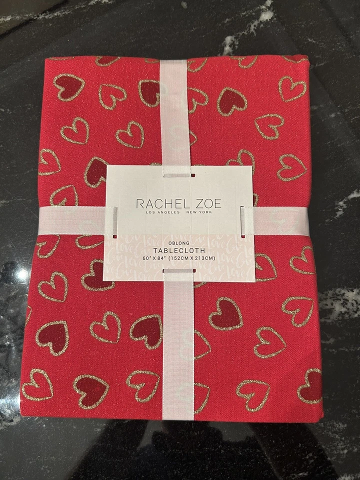 Mother’s Day Rachel Zoe Red Gold Metallic Sparkle Hearts Tablecloth 60x 84 - Image 4 of 4