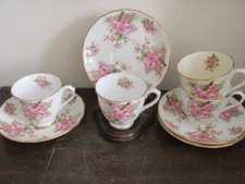 Royal Chelsea England Bone Apple Blossom Set Of 4 Demitasse Cup And Saucer Pink