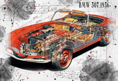 Line Tech Zeichnung BMW 507 1956 Cutaway Kunst Posterdruck