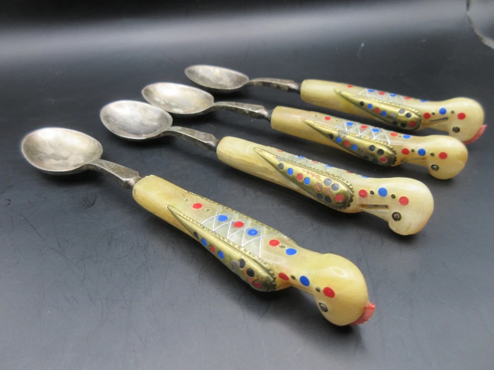 Vtg 1950s Set of 4 Alfred Haddad Jezzine Bird Phoenix Spoons Horn Inlay Rare - Image 4 of 4