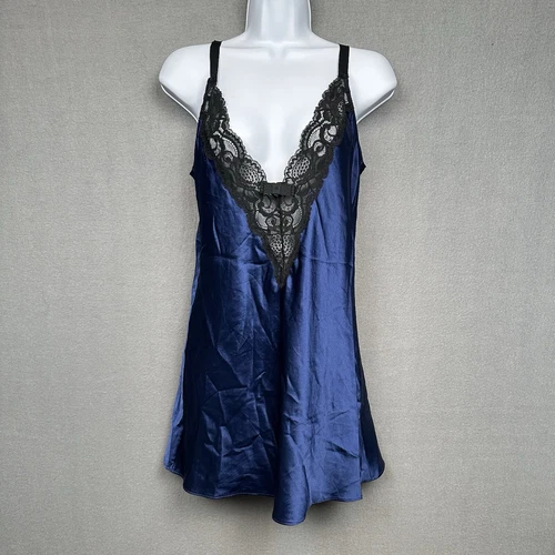 VTG Victorias Secret Camisole Tank S Blue Satin Lace Deep V Nighty Y2K Lingerie