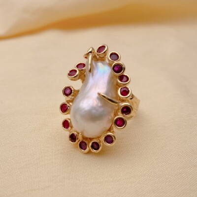 Cultured White Baroque Pearl Fuchsia Cz Ringer Ring Adjustable