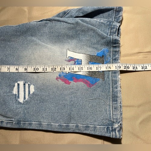 Homme + Femme Men's Hand Painted Logo Distressed Denim Jean Shorts blue size 40 - Picture 7 of 11