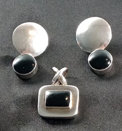 mexican Sterling Silver Black Onyx Pendant & Earrings Set Taxco Style