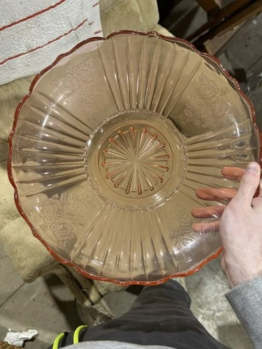 VTG 1930s Pink Depression Glass Mayfair Anchor Hocking Open Rose 12"  Low Bowl