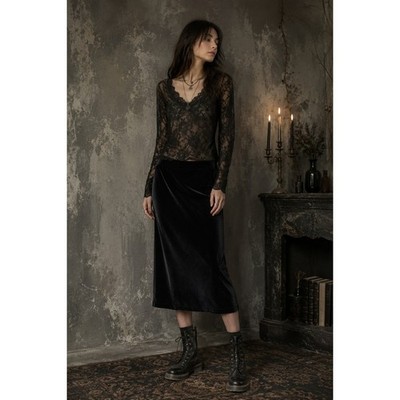Chicos Travelers Black Velvet Midi Skirt Side Slit NWT Size 2 L Large Timeless