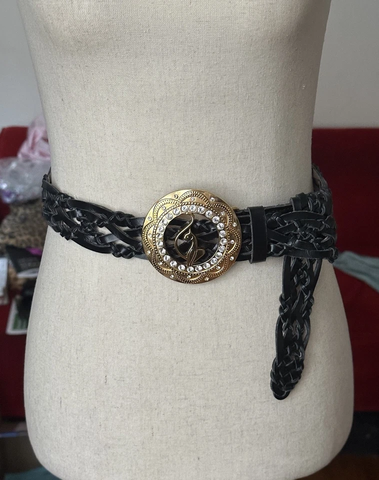 Baby Phat Y2K Woven Belt Womens Sz M L Black Gold Buckle Rhinestones Logo 40.5” - Image 2 of 4