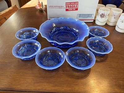 National Glass #22 Diamond Spearhead Blue Opalescent Bowl Set Northwood EAPG