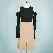Tibi Size 0 Tan Beige Black Long Cut Out Cold Shoulder Sleeves Crew A Dress