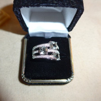FZN Fuzion Creation Green Stone Cluster Rhodium Over Sterling Silver Ring Sz 8