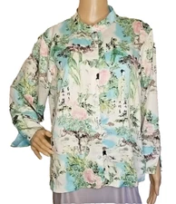 Natori Scenic Floral Giesha Pajama Top Aqua Blue/Pink Size L      T45