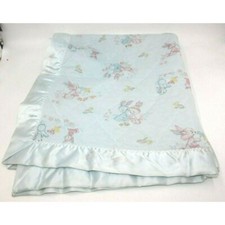 Vintage Acrylic Baby Blanket Satin Trim Edges Pastel Bunny Chick Bird Blue Pink