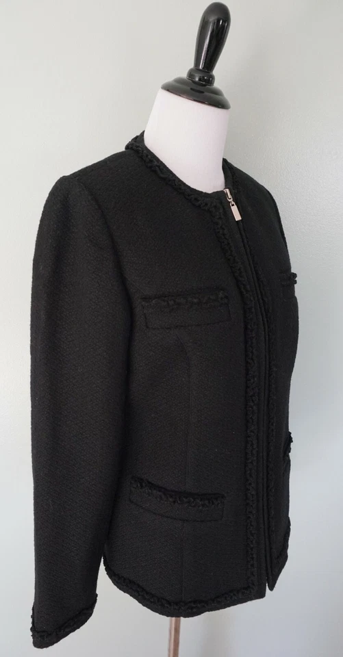 Blazer Abrigo Chaqueta PAMELA DENNIS Negro Mezcla Lana Cremallera Frontal Flecos Carrera Talla 6 Foto 2 de 4