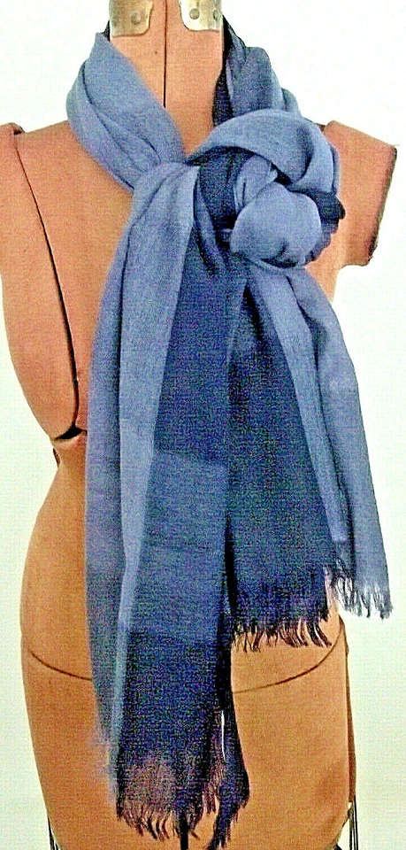 44" x 88" PINK DOT COLLECTION Blue Shades 100% Wool INDIA MADE Wrap Fringe SCARF - Image 4 of 4