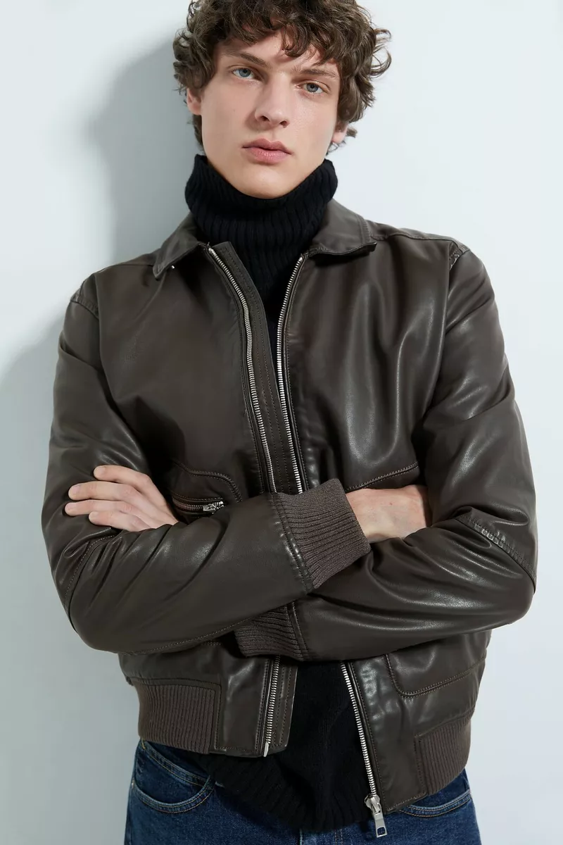 New Zara Combination Fleece Faux Leather Bomber Jacket XL Brown coat suede jeans