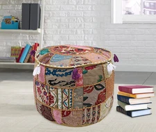 Indian Vintage Embroidered Patchwork Round Seating Pouf Cover Footstool Ottoman