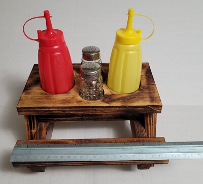 Wooded Picnic Table Salt & Pepper Ketchup & Mustard or Mayo bottles Handmade