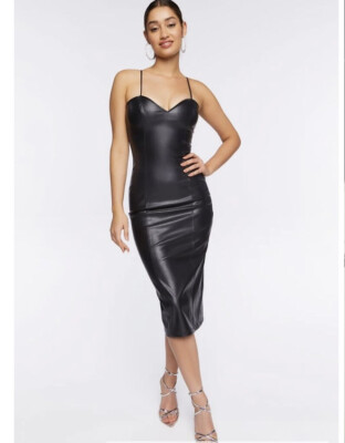 knee length dresses for ladies Bad Gal 90s Faux Leather Midi Wiggle Dress | Black or Caramel