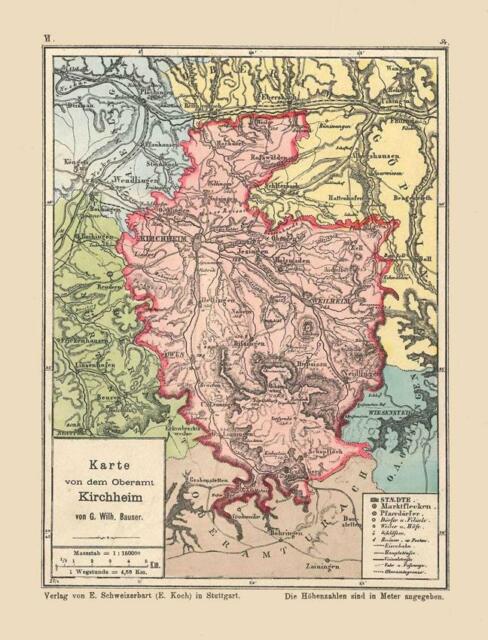 Oberamt Kirchheim Bauser hand-atlas reprint the map of 1885-