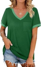 Women's T-shirt short sleeved V-neck loose casual summer top with pockets
