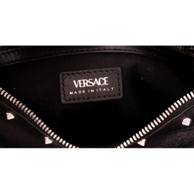 NEW VERSACE $2,175 Black Leather STUDDED RUNWAY REPEAT HOBO BAG