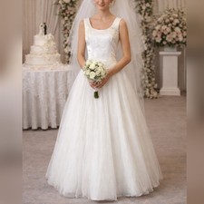 Unbranded Vintage 90s White Tulle Ivory Alencon Lace Corset Wedding Dress sz 12