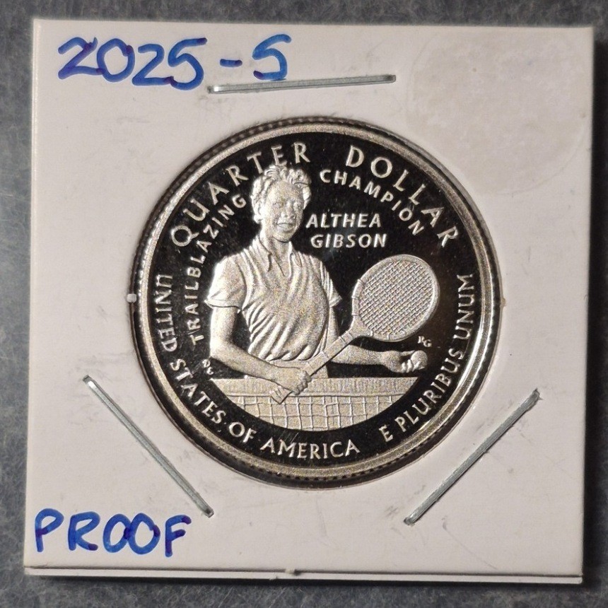 2025-S Althea Gibson proof quarter, reverse in its 2x2 flip