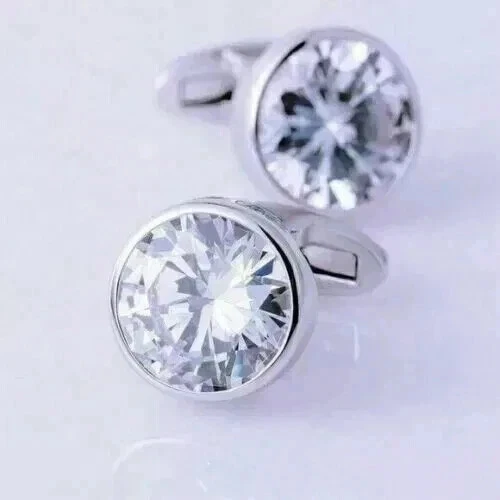 3Ct Round Cut Lab Created Diamond Solitaire Mens Cufflinks 14k White Gold Plated - Image 4 of 4