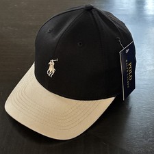 POLO Ralph Lauren Men's Cotton Adjust Dad Baseball Cap Black w/ Cream Small Pony