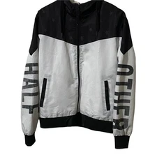 Other Half Black & White Star Print Hooded Windbreaker Jacket Mesh Lining LARGE