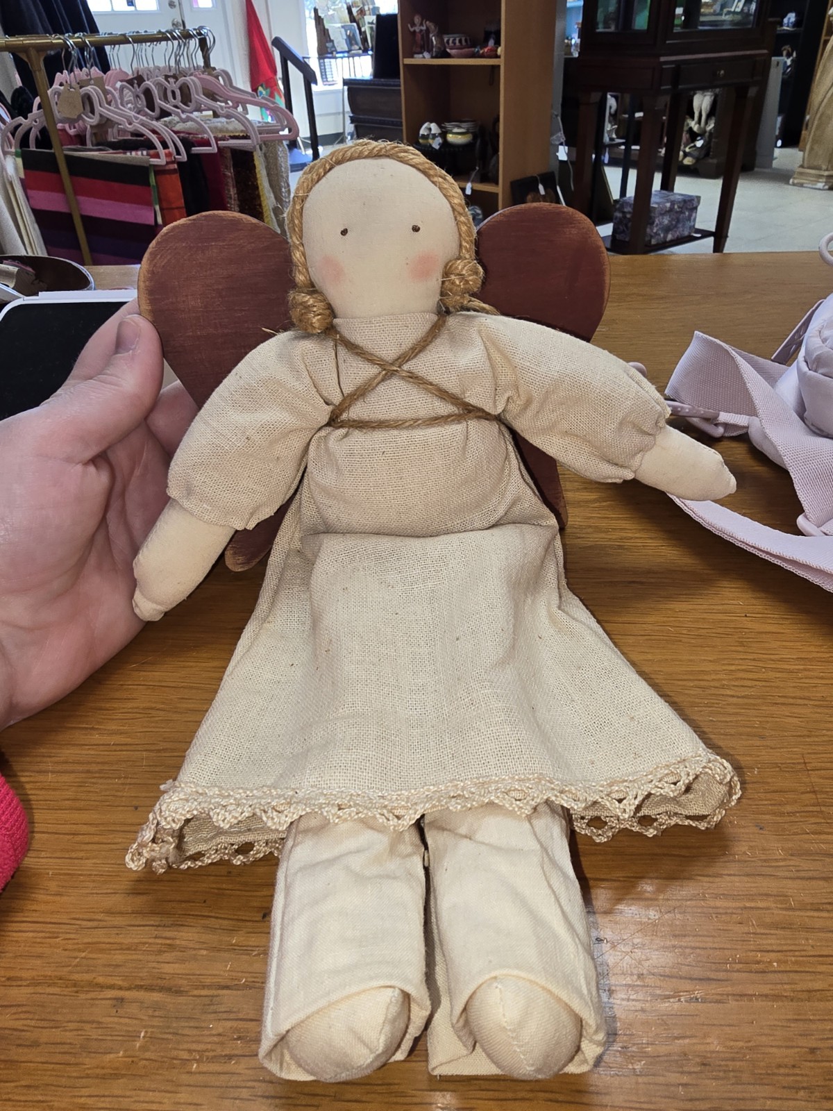Vintage Handmade Cloth Angel Doll with Wooden Wings - 12