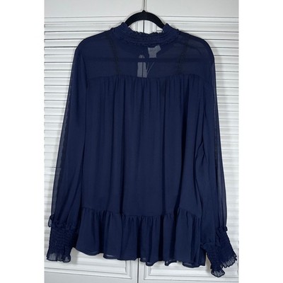 Lost Ink Navy Blue Ruffled Mock Neck Sheer Smock Top Size 2X