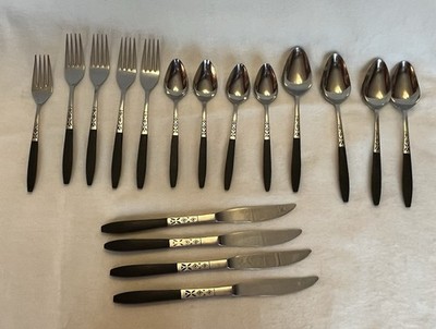 17 Pc Vintage Ecko Eterna Faux Wood Black Handles Stainless Flatware MCM