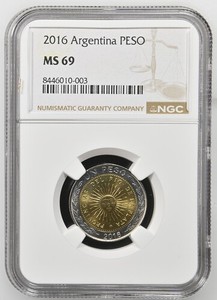 Argentina 1 Peso 2016 coin bimetalic GRADE MS69! NEW TOP POP - 1/3
