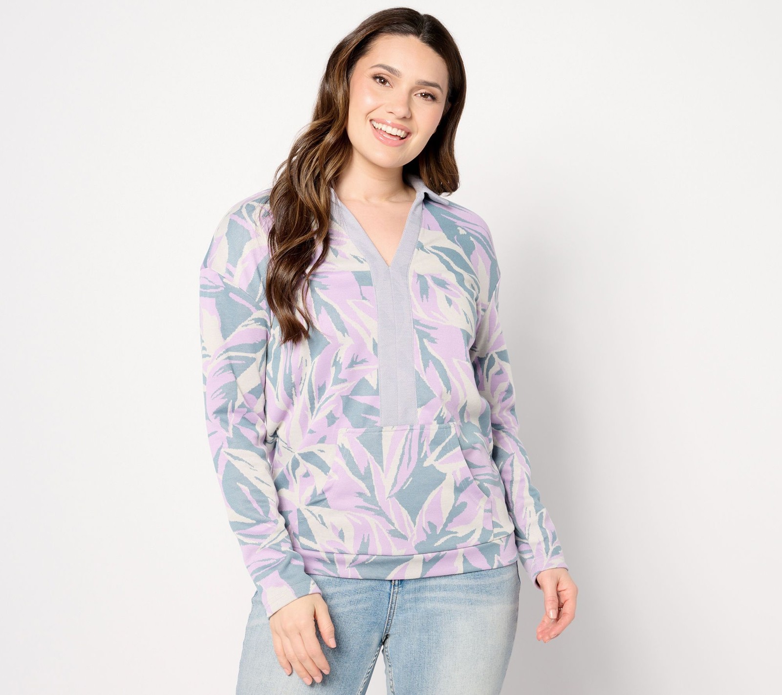 zuda Women's Top Sz XL Palm Jacquard Knit Collared Multi-colored A646197