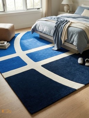 Modern Abstract Hand-Tufted Area Rug Blue Navy White Geometric Hallway Carpet