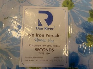 VTG Queen Bed Sheet FLAT Dan River Tranquale Blue Flowers No Iron Percale 50/50