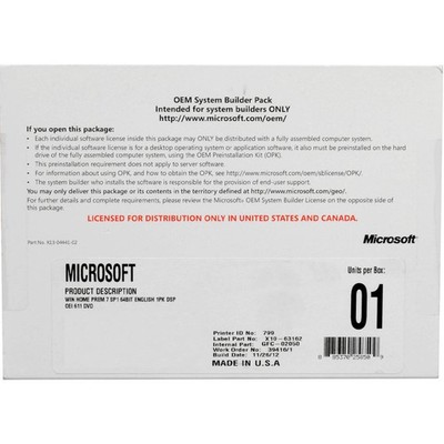 Microsoft Windows 7 Home Premium SP1 GFC-02050 Operating System Software DVD