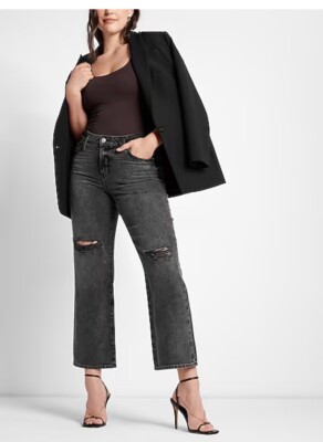 Express Ladies Mid Rise Black Ripped 90s Ankle Boot Jeans NWT Size