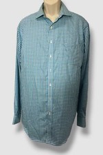 95 Tasso Elba Men's Blue Plaid Cotton Regular Fit Dress Shirt Size 16.5 36/37