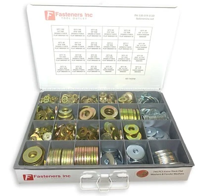FASTENERS INC. Grade 8 Extra Thick Flat Washer / Thick Fender Washer Assortment - 745 Pieces!
