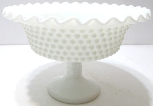 Vintage LE Smith Glass Compote Pedestal Bowl Dish White Milk Glass Hobnail 8" D