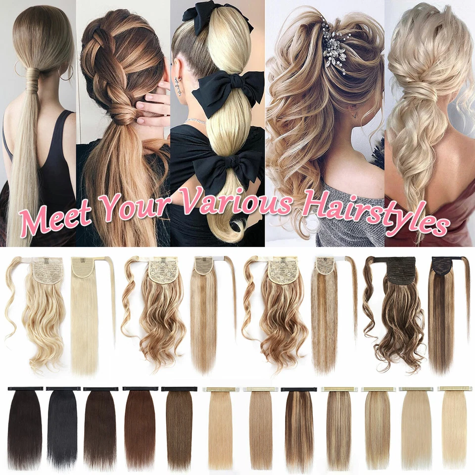 Ponytail Clip In Remy Real Human Hair Extension Wrap Around Claw Hairpiece Black - Image 4 of 4